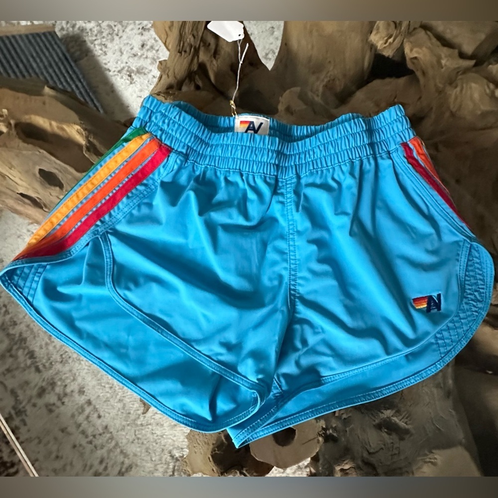 Aviator Nation 5 Stripe Flex Board Shorts — Neon Blue Rainbow, NWT Size S - Picture 10 of 13